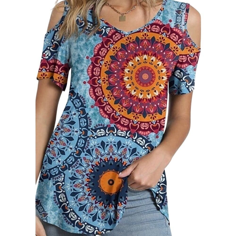 Niloufo Medallion Print Cold Shoulder Top‎ Size XL